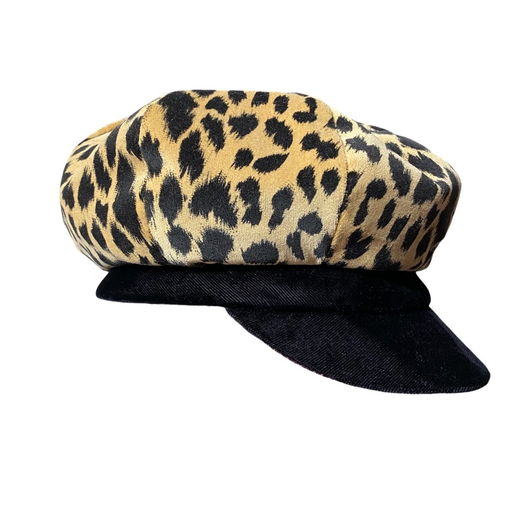 Vintage TWO GIRLS N.Y.C. Black Velvet & Leopard Baker Boy Cap